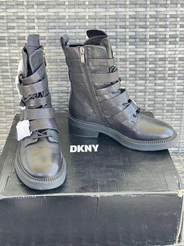 Dkny Womens Black Zipper Accent Ita Round Toe Block Heel Buckle Boots (Size 5)