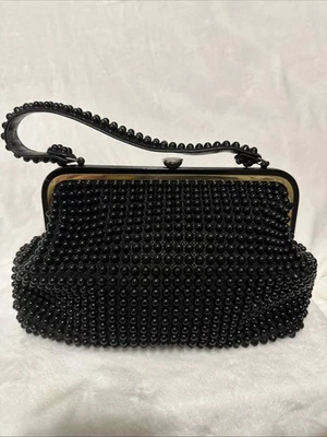 Vintage 1960s Purse Medium Black Beaded Handbag Mid Century Top Handle Bag - Image 1 of 4