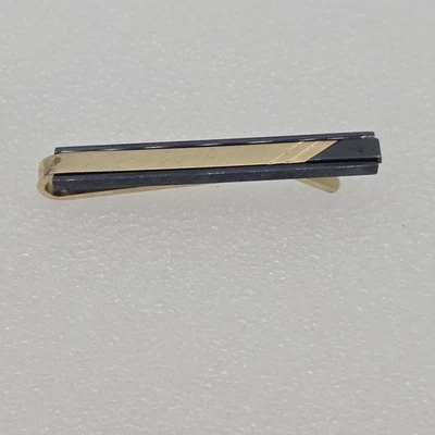 Vintage Pierre Cardin ~2" Tie Clip Black & Gold Toned Etched Diagonal Lines - Image 1 of 4