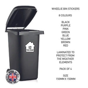 4 x Rollmülleimer individuelle Nummer und Straßennamen Aufkleber 150 mm x 150 m BIN01 - Bild 1 von 9