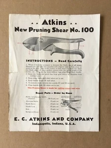 Vintage Atkins New Pruning Shear No. 100 Instructions Fold-out, Indianapolis, IN - Picture 1 of 3