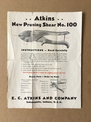 Vintage Atkins New Pruning Shear No. 100 Instructions Fold-out, Indianapolis, IN - Image 1 of 3