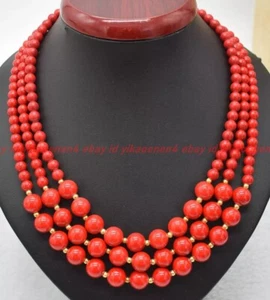 3 Rows Natural 6+10mm Red Coral Round Gemstone Beads Necklace Jewelry 18-20" - Picture 1 of 6