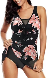 American Trends Mesh Swimdress Tank Top w/Bow Black w/Peach Floral Sz XL - Picture 1 of 5
