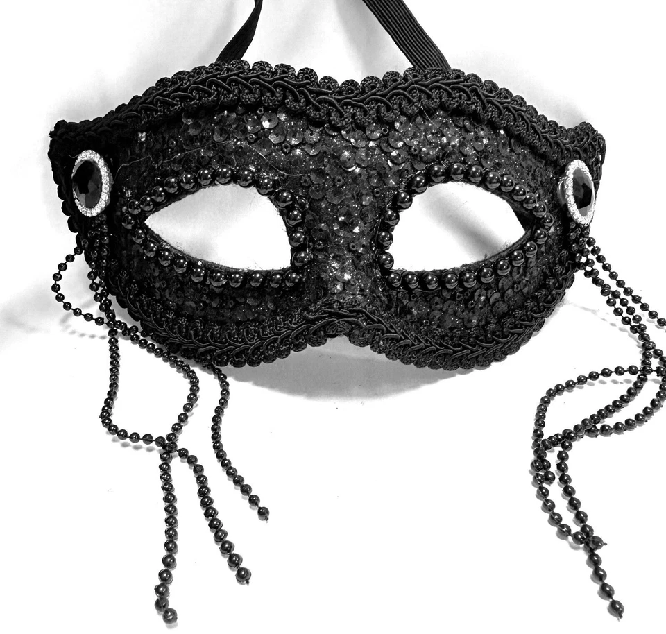 Ladies Masquerade Black Eyemask With Tassles Fancy Dress Sequins 20s Halloween - Image 1 of 4