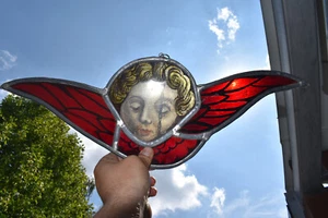 Antique french stained glass religious angel window panel plaque rare - Picture 1 of 3