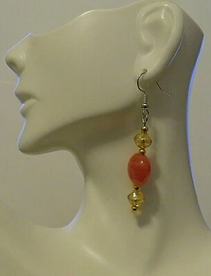 Pink Natural Stone Yellow Glass Bead Accent Dangle 1.50" Silver Tone Hook - Image 1 of 4