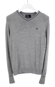 Fred Perry K7201 Pull Homme Petit Laine Merino Col V Mélange Serré Tricot - Imagen 1 de 9