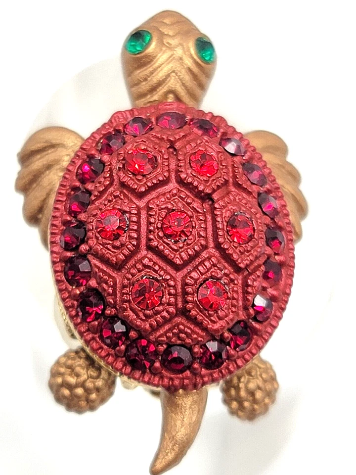 Broche Colgante Tortuga Bebé Roja Ojos Verdes Bronce Tono Dorado Océano Mar Amor Animal Foto 1 de 4