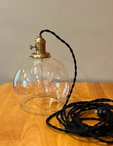 Schoolhouse Electric Clear Open Globe Shade Brass Pendant with Black Cloth Cord - Picture 1 of 13