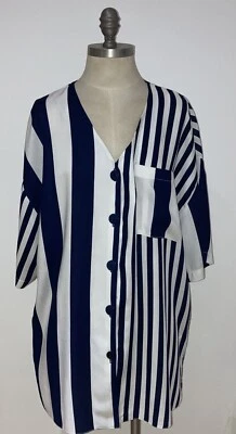 1980s Navy/Cream Striped Over-Shirt by Dorothy Perkins, Size 14 UK - Image 1 of 4