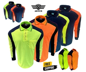 Men Polo Shirts Long Sleeves Hi Vis Work Shirt Cargo Workwear Golf T-Shirt - Picture 1 of 43