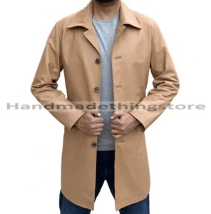 Herren Khaki Lammfell Ledermantel Handarbeit Khaki Leder Dreiviertelmantel - Bild 1 von 7