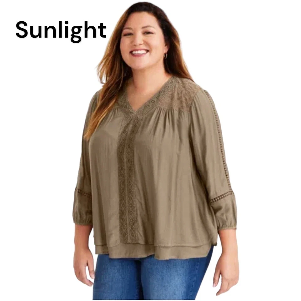 Blusa túnica adornada con ganchillo/encaje beige talla 2X de John Paulrichard para mujer Foto 1 de 4