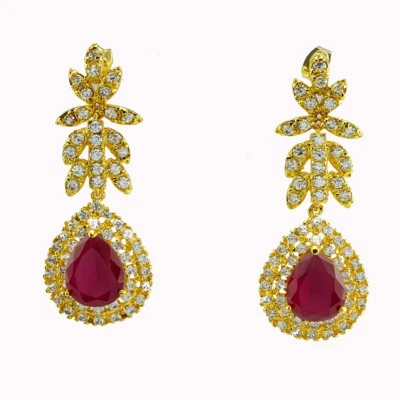 PENDIENTES DE LUJO CHAPADOS EN ORO PIN RUBÍ GOTA REDONDO CON CIRCONITA BLANCA ORO AMARILLO 24K  Foto 1 de 3