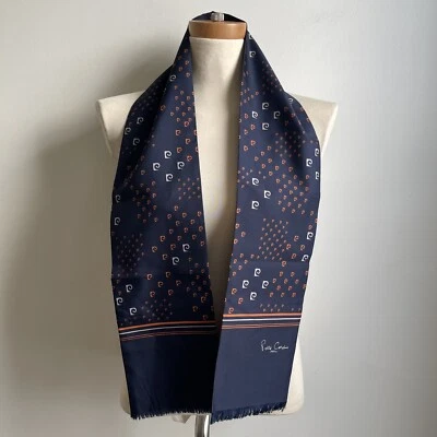 Nuevo de Lote Antiguo Pierre Cardin Paris Azul Marino Naranja Logo Estampado Bufanda Larga 6 x 54 Foto 1 de 4