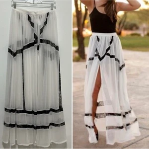 Blessed are the Meek Turn to Gold Maxi Skirt, Ivory with Black Lace Trim, sz. 10 - Picture 1 of 13