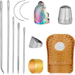 12Pcs Sewing Set Adjustable Metal Sewing Thimble Rings Leather Fingertips Hand - Picture 1 of 6