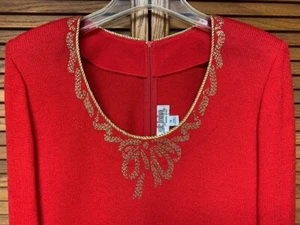 ST. JOHN BY MARIE GRAY 8 WOMEN'S HOLIDAY RED GOLD DETAIL LONG SLEEVE KNIT DRESS - Bild 1 von 10