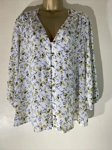 BNWT Womens M&Co Uk 16 Ivory Mix Floral 3/4 Sleeve V Neck Causal Blouse Shirt - Picture 1 of 6
