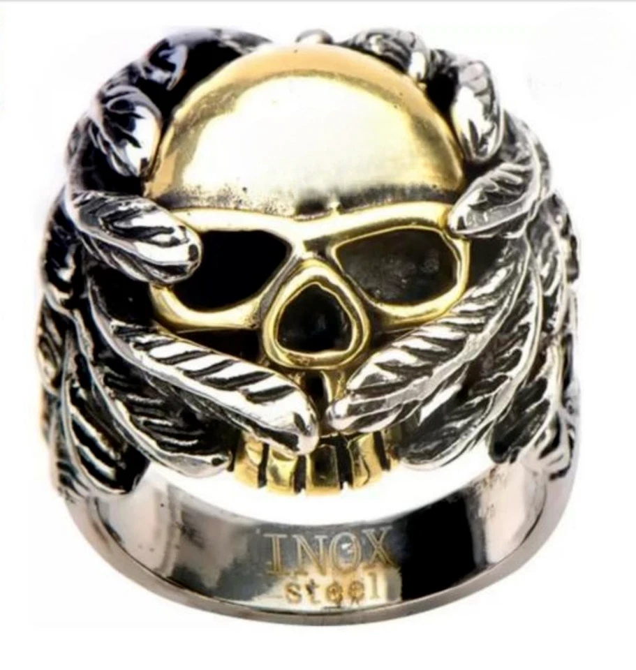 NEW INOX Jewelry Men's Gold Skull Head Wings Wrap Skeleton Ring Size 9-13 FR1429 - Image 1 of 4