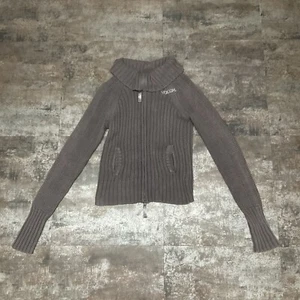 Volcom Charcoal Grey Cable Knit Cowl Neck Double Zipper Sweater, Y2K, Sz L - Picture 1 of 24