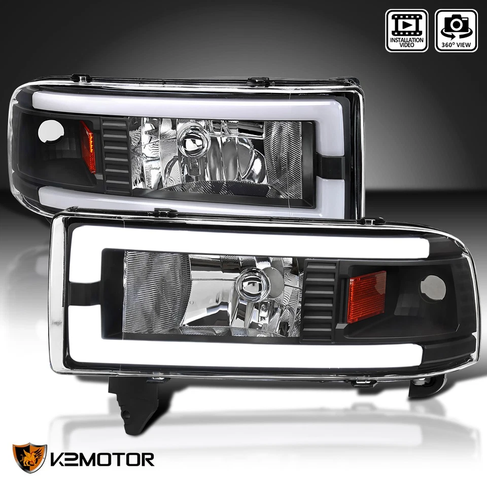 Fits 1994-2001 Dodge Ram 1500 2500 3500 Black LED Tube Headlights Left+Right Foto 1 de 4