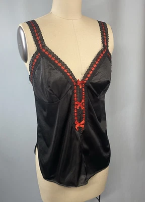 Vintage Camisole Top SIZE SMALL black red bow 70s 80s sexy cami nylon - Image 1 of 4