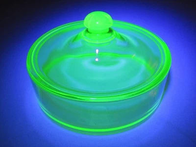 VTG Elegant UV Reactive Green Vaseline Glass Candy Dish With Lid Set - Image 1 of 4
