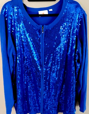 Quacker Factory Womens 1X Royal Blue Zip Sweater w/Sequins on the Front - Image 1 of 2