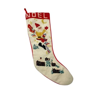 Vintage Noel Santa/Elf Skiing Needlepoint Skinny Stocking Christmas Decor - Picture 1 of 8