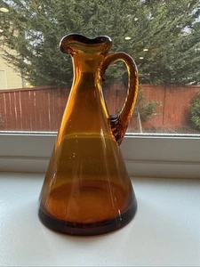 Vintage Amber Glass Ewer Small Pitcher Carafe Twisted Handblown Glass Handle - Picture 1 of 9