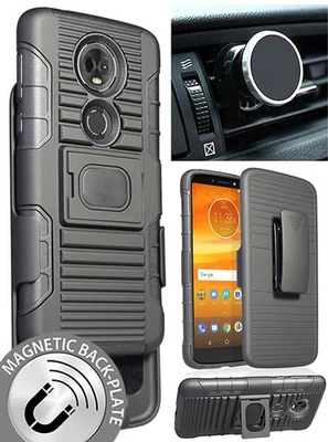 Black Rugged Case + Belt Clip + Magnet Car Mount for Motorola Moto E5 Plus/Supra - Image 1 of 4