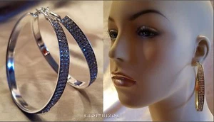 LARGE TRIPLE PAVE CRYSTAL RHINESTONE CHUNKY SILVER GOLD ACRYLIC HOOP EARRINGS - Picture 1 of 11