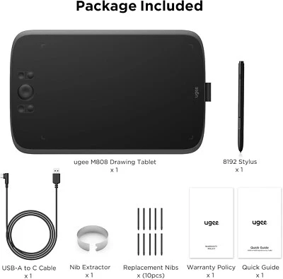 UGEE M808 Drawing Tablet with USB-C, 10x6.25", 8192 Pen, 8 Keys, Win/Mac/Android - Image 1 of 4