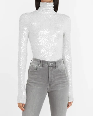 NUEVO EXPRESS ALL LENTEJUELAS BLING Blusa Cuello Tortuga Camisa Top XS Plateado Foto 1 de 2