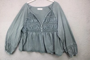 Top smocked Lucky Brand manica lunga a sbuffo cropped stone wash-XL-BOHO-Hippie - Foto 1 di 11