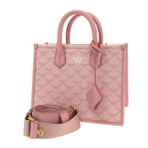 MCM 2Way Tote Bag Shoulder Bag Lauretos Canvas Himmel Leather Pink Authentic - Picture 1 of 9