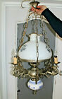 Vtg Brass dragons gothic frame delft blue white faience opaline bowl chandelier 