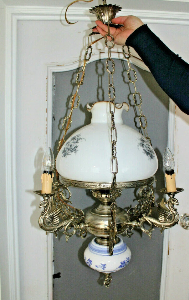 Lámpara de araña tazón opalino loza azul blanco delft marco gótico dragones de latón de colección  Foto 1 de 4