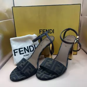 FENDI Delfina Brown Fabric High-Heeled 95mm Sandals Size: 39(9US) New & Box - Picture 1 of 13