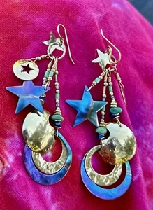 TABRA 925 GOLD TONE MOON & STARS DANGLE EARRINGS - Picture 1 of 5