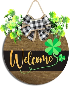 St Patrick Day Wreath for Front Door St Patrick Day Welcome Sign Shamrock Wooden - Picture 1 of 6
