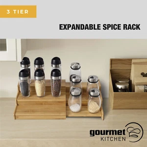 3-Tier Extendable Bamboo Spice Rack Expanding Wooden Herb Shelf Stairs Stand - Picture 1 of 5