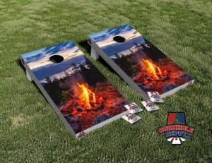 Campfire Sunrise Cornhole Board Vinyl Wrap Skins Laminated Sticker Set Decal - Picture 1 of 5