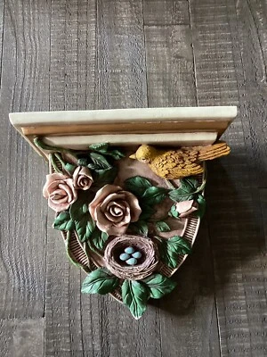 Vintage MCM Wall Display Shelf Roses Bird Nest With Eggs Resin Cottage 3 D Ornat - Image 1 of 4