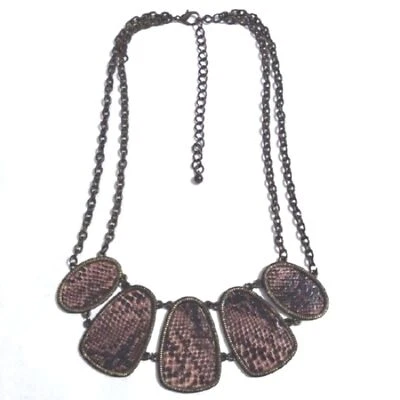 Vintage Black Brown Leatherette Oval Discs Dark Brass 2-Stranded 18-22" Necklace - Image 1 of 4