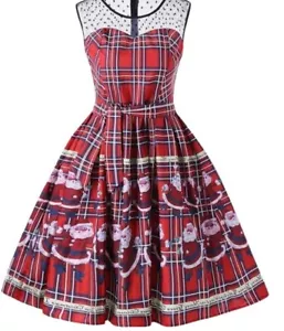 Zaful Womens Fit & Flare Dress Red Combo Plaid Santa Claus Tie Waist Lace Neck M - Picture 1 of 5