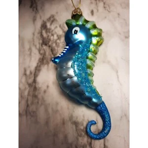 Seahorse Ornament Blue Green Glass Glitter Christmas - Picture 1 of 6