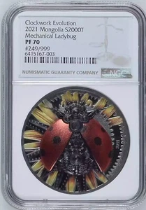 NGC PF70 Mongolia 2021 Clockwork Evolution Mechanical Ladyb Silver Coin 3oz COA - Picture 1 of 2